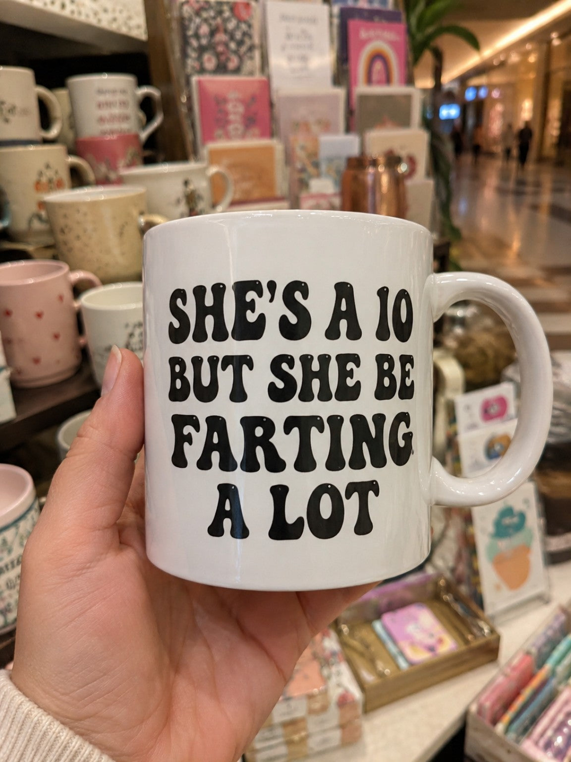 White funny quote mug reading She's a 10 But She Be Farting a Lot