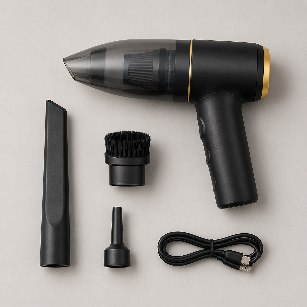 Cordless car vacuum shown with crevice, brush and air-duster attachments