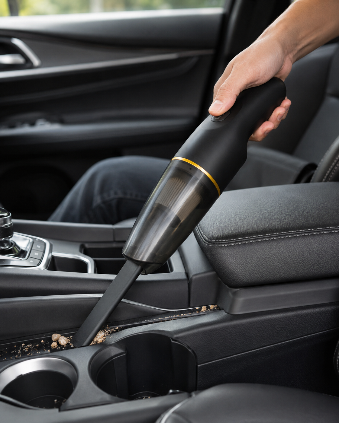 Cordless car vacuum cleaning crumbs from a car centre console