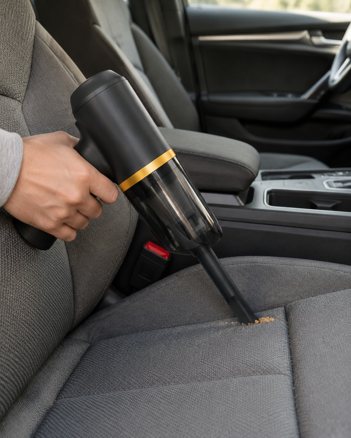 Cordless handheld car vacuum cleaning crumbs from a car seat seam