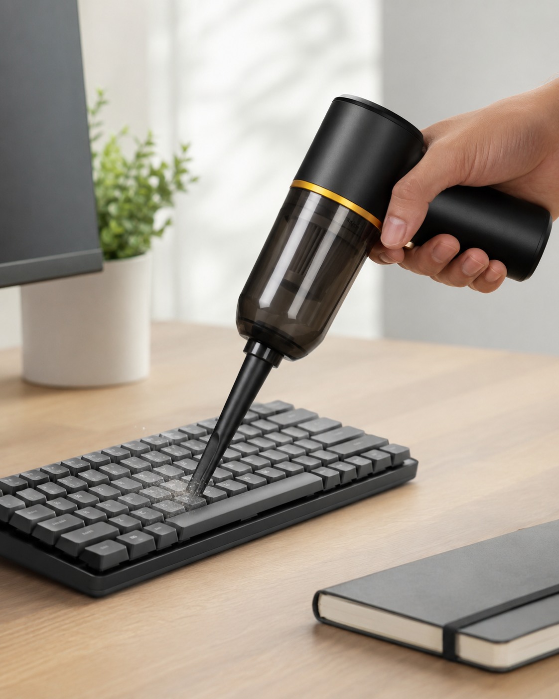 Cordless vacuum cleaning dust from a computer keyboard