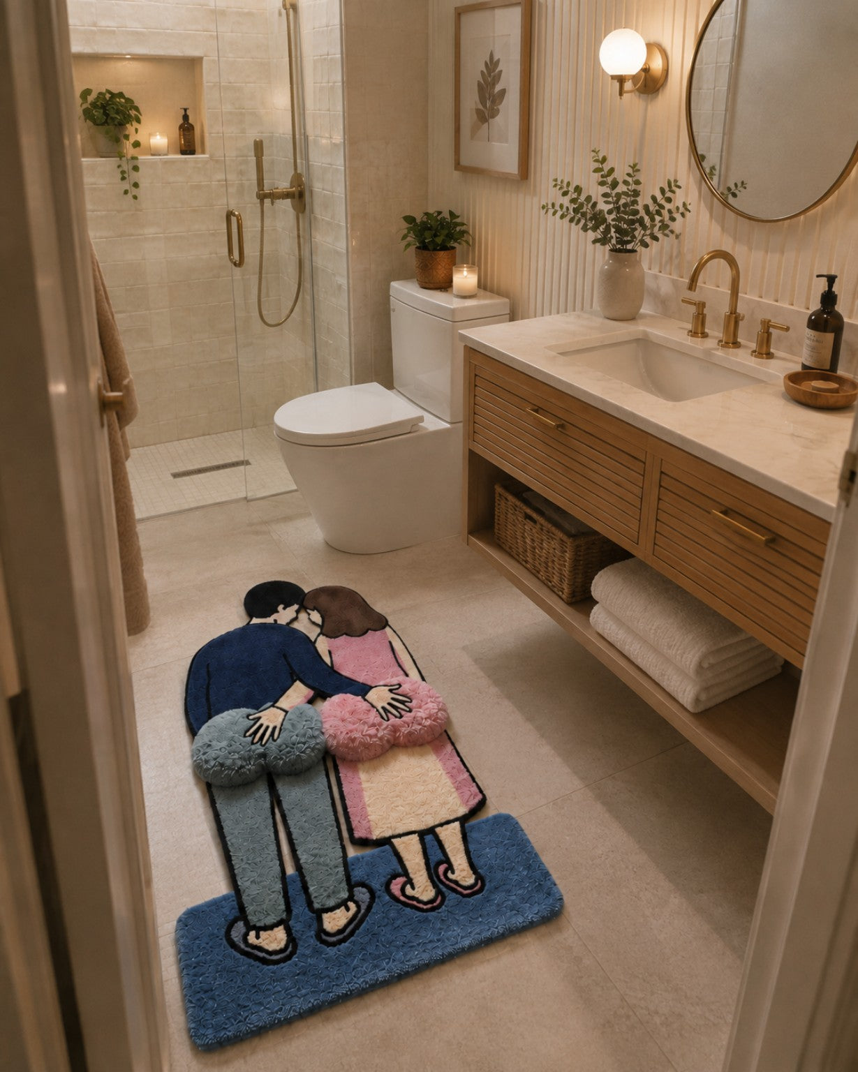 Plush illustrated couple rug in a warm modern bathroom