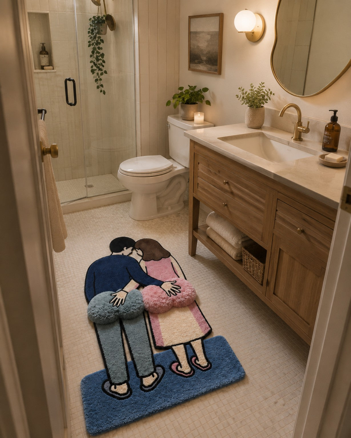 Couple bath rug shown in a bright neutral bathroom