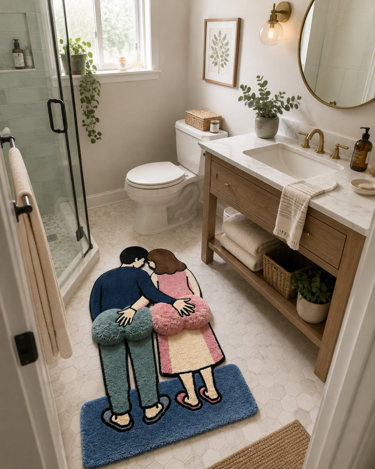 Textured illustrated couple rug in a clean bathroom