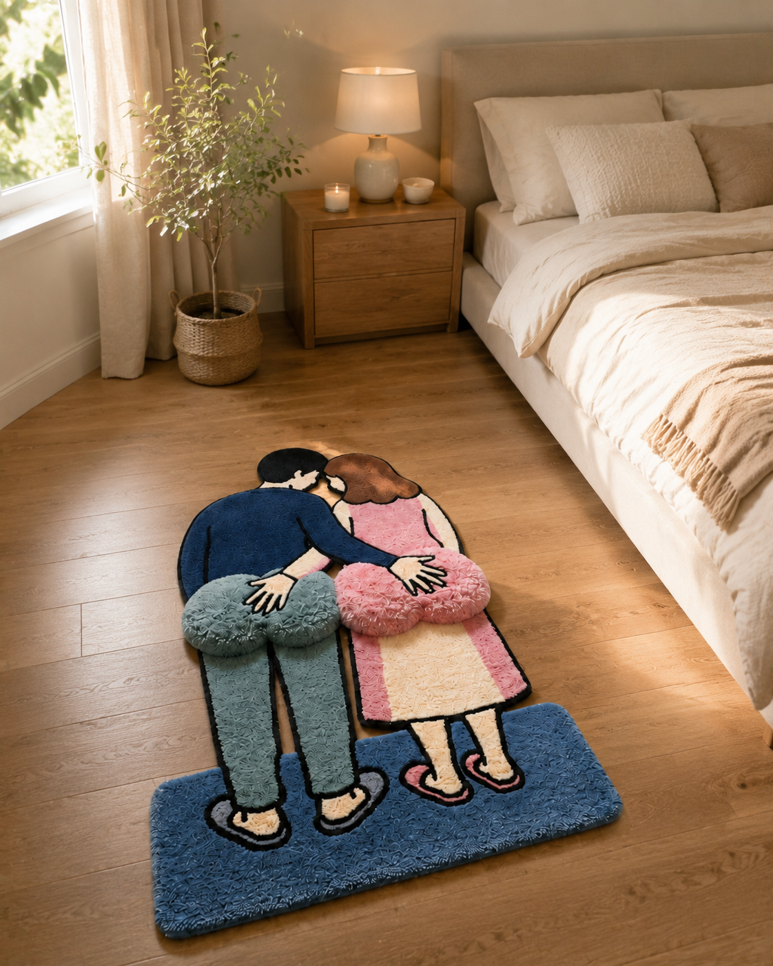 Plush illustrated couple rug styled beside a bed in a warm neutral bedroom