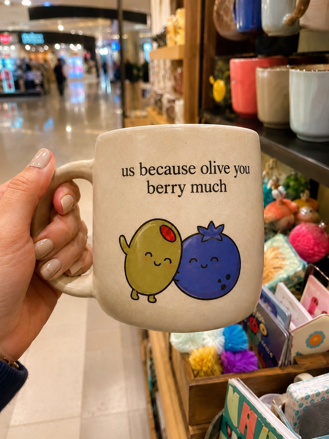 Beige ceramic olive and blueberry couple mug reading us because olive you berry much